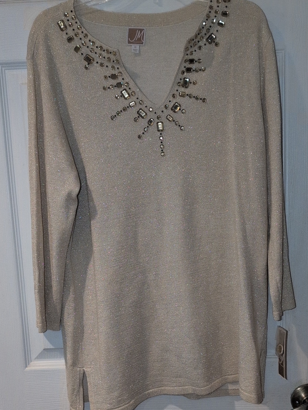 Embellished V-Neck Sparkle Tunic Sweater in Gold